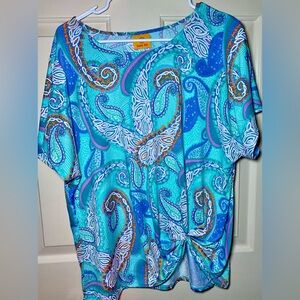 Women’s Ruby Rd Knit Paisley Puff Print Front Tie Detail Blue Purple Blouse L‎